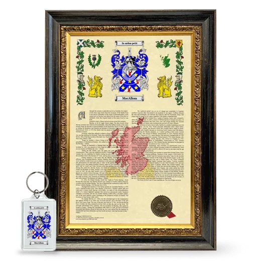 MacAllom Framed Armorial History and Keychain - Heirloom