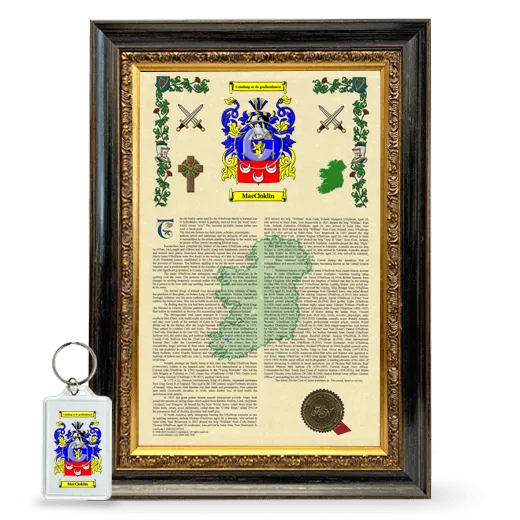 MacCloklin Framed Armorial History and Keychain - Heirloom