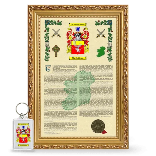 MacQuilinan Framed Armorial History and Keychain - Gold