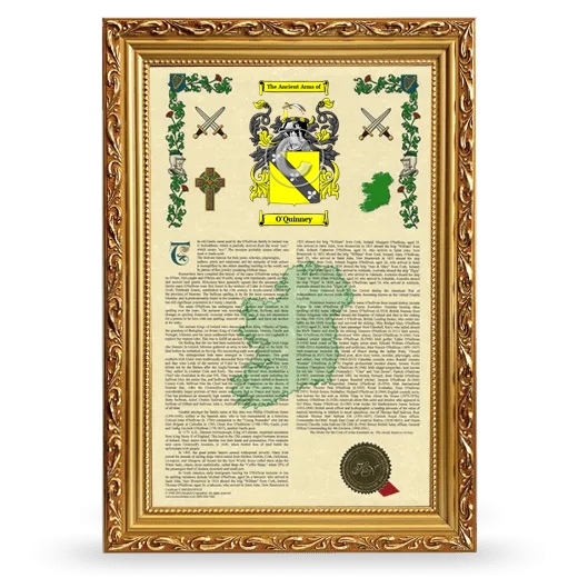 O'Quinney Armorial History Framed - Gold