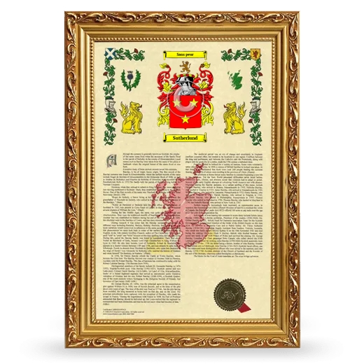 Sutherlund Armorial History Framed - Gold