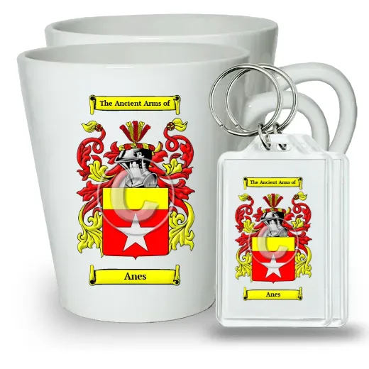 Anes Pair of Latte Mugs and Pair of Keychains