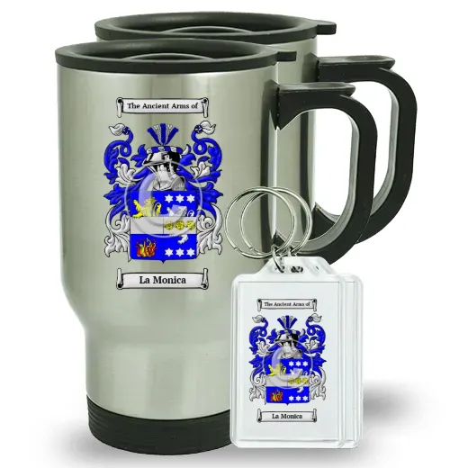 La Monica Pair of Travel Mugs and pair of Keychains