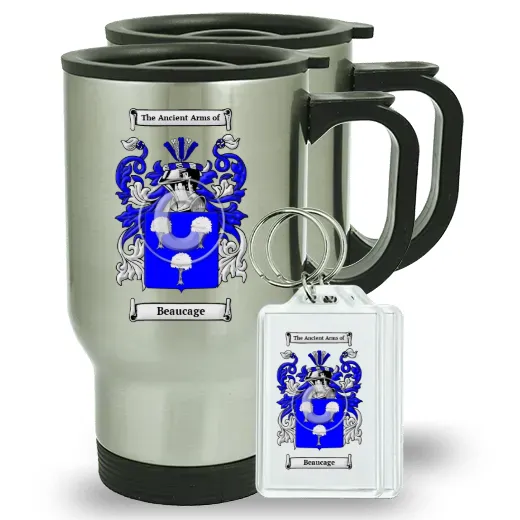 Beaucage Pair of Travel Mugs and pair of Keychains