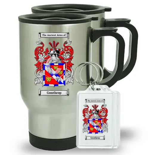 Gunthrop Pair of Travel Mugs and pair of Keychains