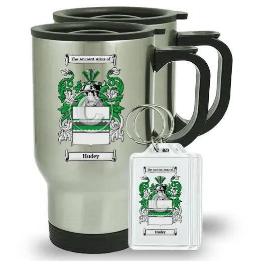 Hudey Pair of Travel Mugs and pair of Keychains