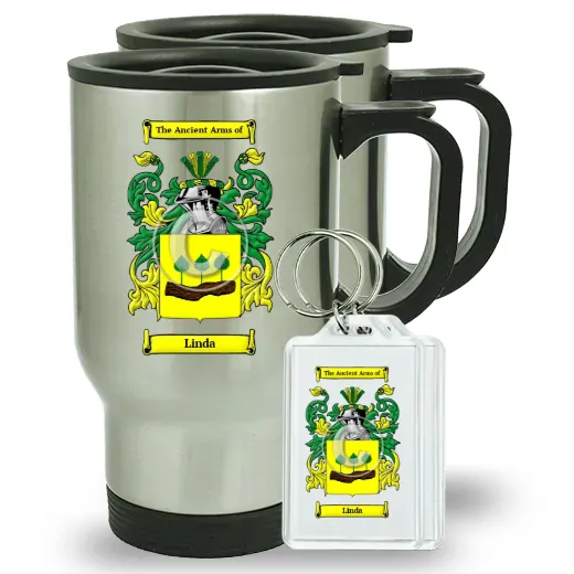 Linda Pair of Travel Mugs and pair of Keychains