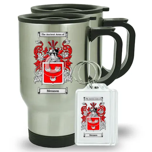 Mennon Pair of Travel Mugs and pair of Keychains
