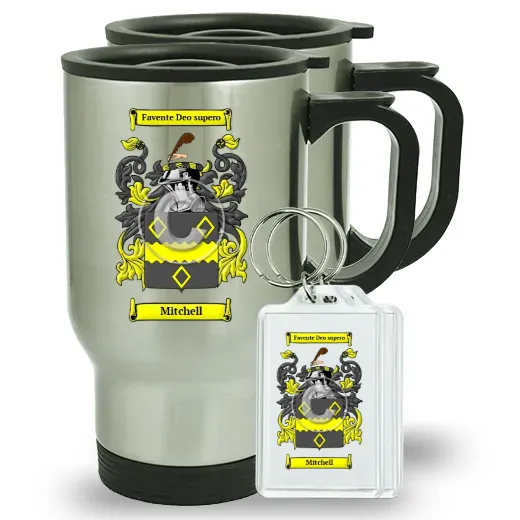 Mitchell Pair of Travel Mugs and pair of Keychains
