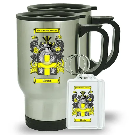 Plessis Pair of Travel Mugs and pair of Keychains