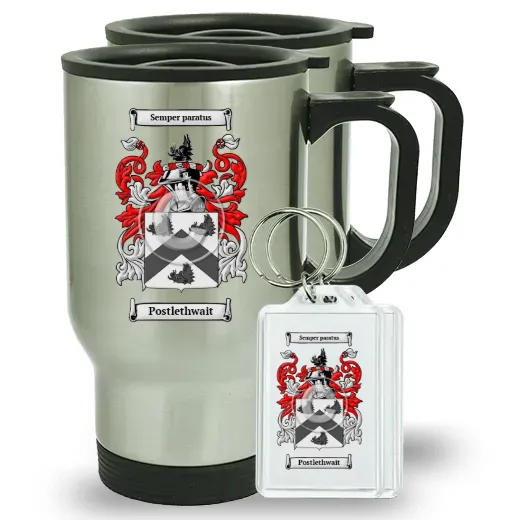 Postlethwait Pair of Travel Mugs and pair of Keychains