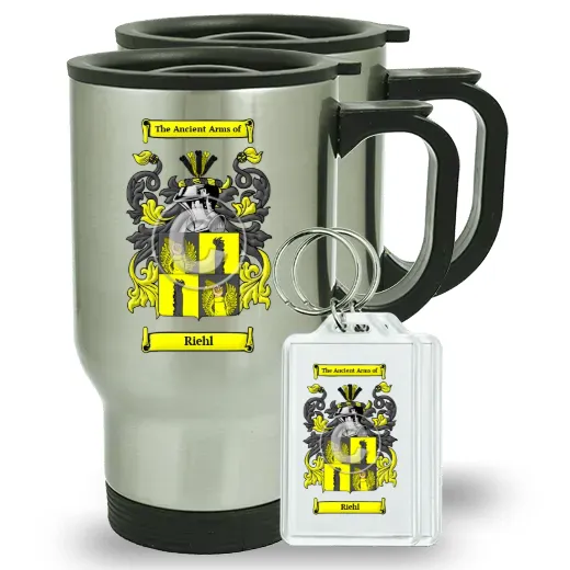 Riehl Pair of Travel Mugs and pair of Keychains