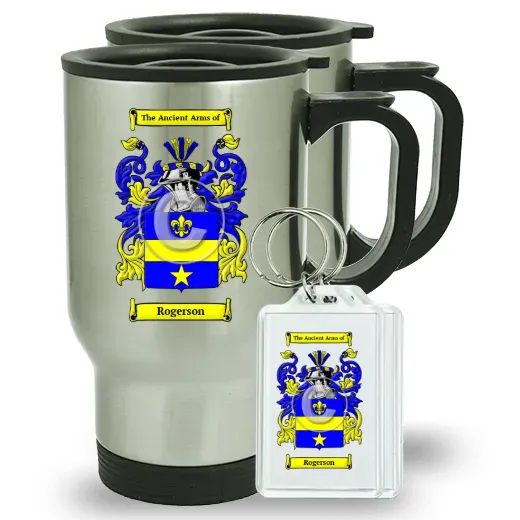 Rogerson Pair of Travel Mugs and pair of Keychains