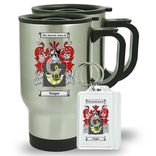 Yeager Pair of Travel Mugs and pair of Keychains