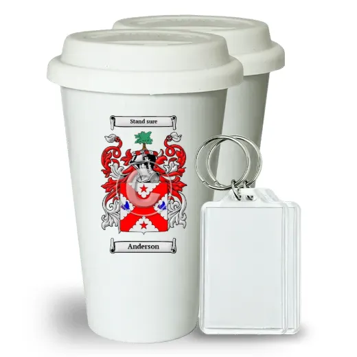 Pair of Ceramic Tumblers with Lids and Keychains