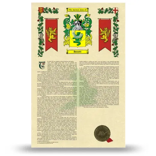 Berrett Armorial History with Coat of Arms