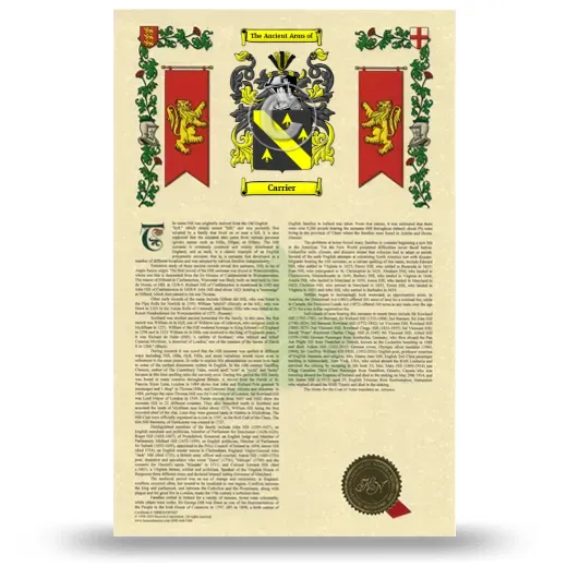 Carrier Armorial History with Coat of Arms