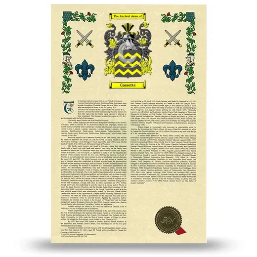 Cossette Armorial History with Coat of Arms