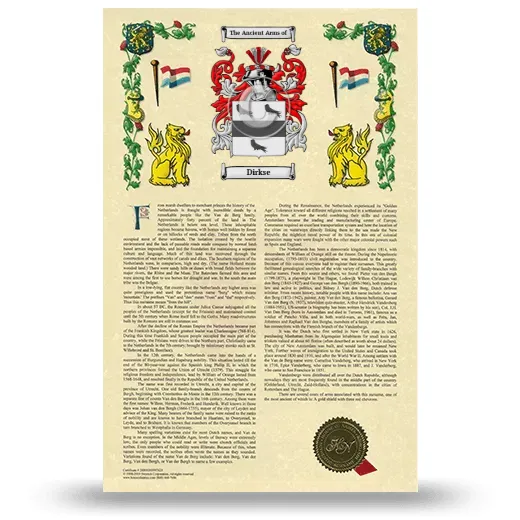Dirkse Armorial History with Coat of Arms