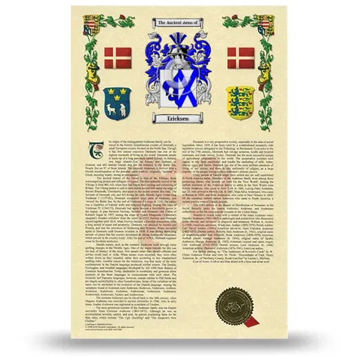 Ericksen Armorial History with Coat of Arms