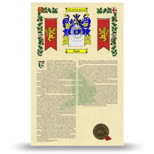 Negus Armorial History with Coat of Arms
