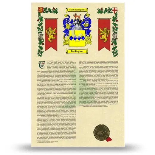 Penlington Armorial History with Coat of Arms