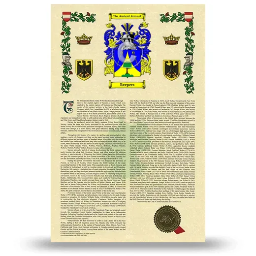 Reepers Armorial History with Coat of Arms