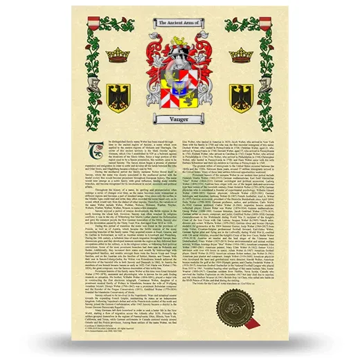 Vanger Armorial History with Coat of Arms
