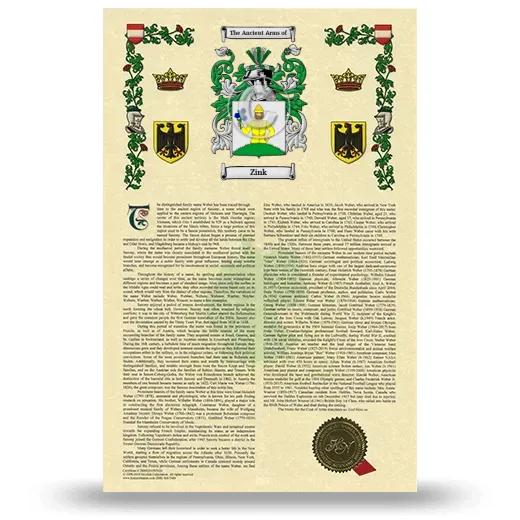 Zink Armorial History with Coat of Arms