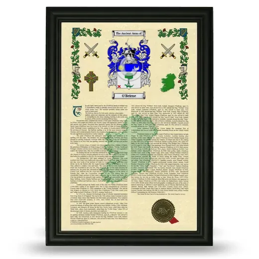 O'Beirne Armorial History Framed - Black