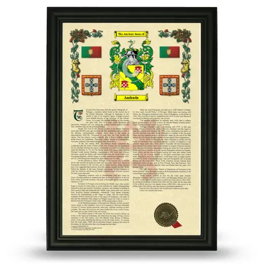 Andrada Armorial History Framed - Black