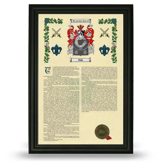 Baig Armorial History Framed - Black