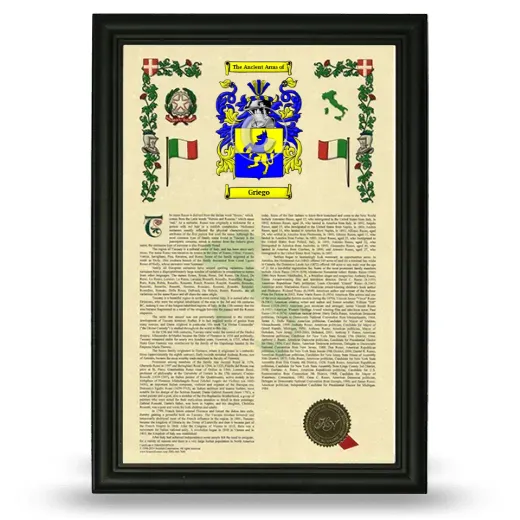 Griego Armorial History Framed - Black