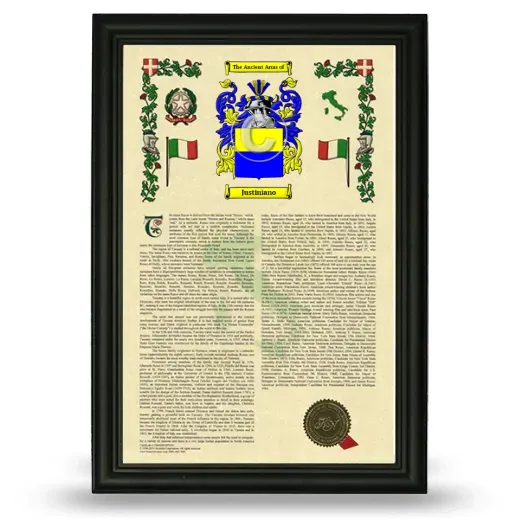 Justiniano Armorial History Framed - Black