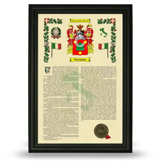 Montagnino Armorial History Framed - Black