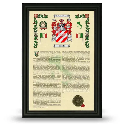 Olivello Armorial History Framed - Black