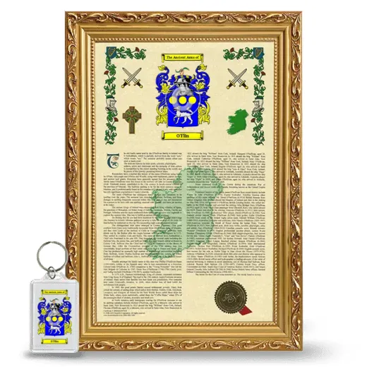 O'Flin Framed Armorial History and Keychain - Gold