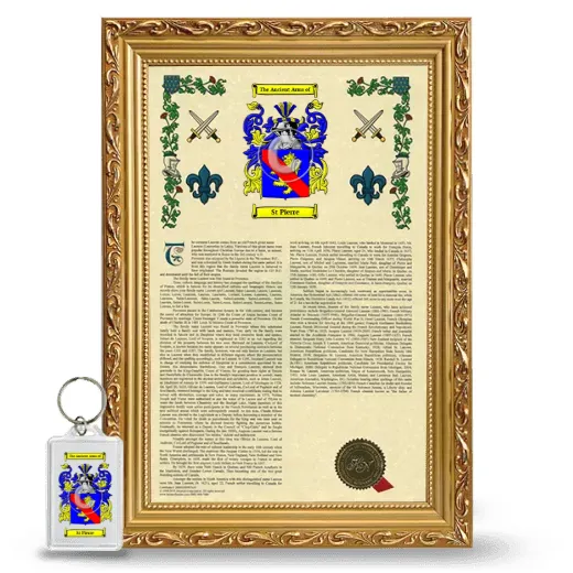 St Pierre Framed Armorial History and Keychain - Gold