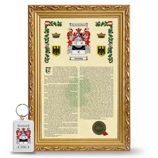 Gruening Framed Armorial History and Keychain - Gold