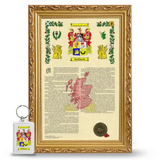 MacKintosh Framed Armorial History and Keychain - Gold