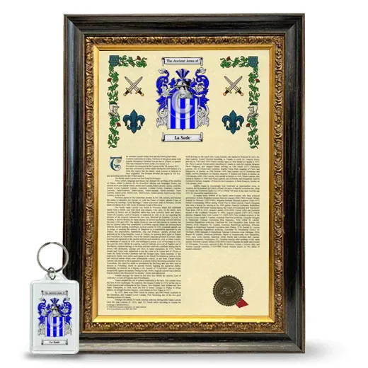 La Sade Framed Armorial History and Keychain - Heirloom