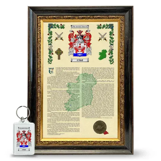 O'Niell Framed Armorial History and Keychain - Heirloom