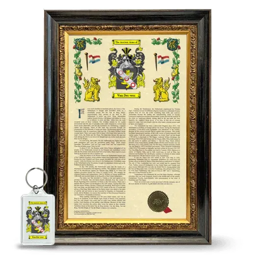 Van Der veer Framed Armorial History and Keychain - Heirloom