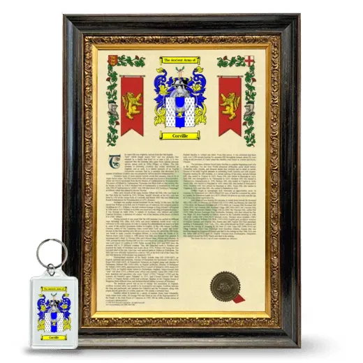 Corville Framed Armorial History and Keychain - Heirloom