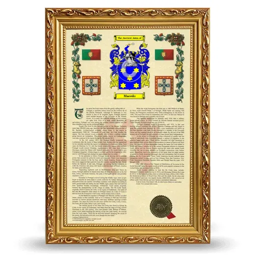 Macedo Armorial History Framed - Gold