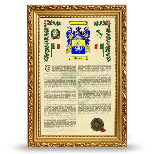 Ramano Armorial History Framed - Gold