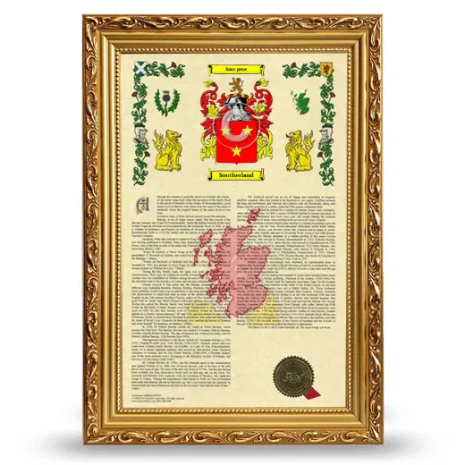 Southerland Armorial History Framed - Gold