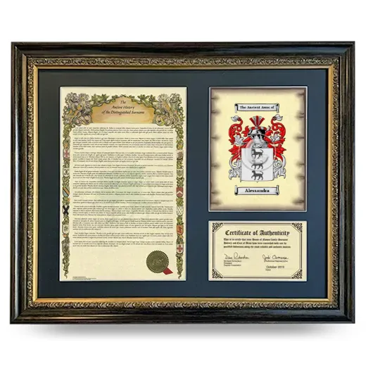Alessandra Framed Surname History and Coat of Arms- Heirloom