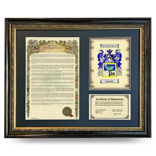 Arguenta Framed Surname History and Coat of Arms- Heirloom