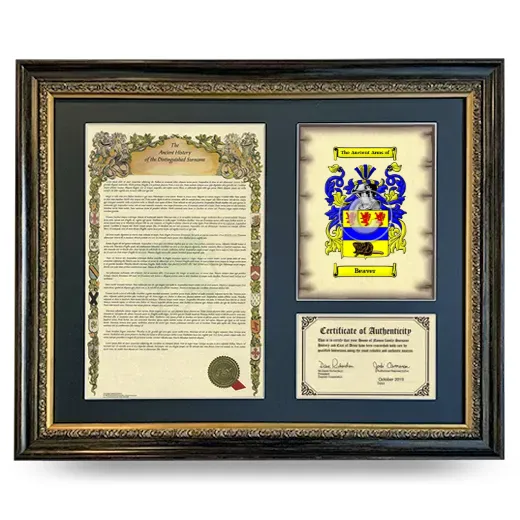 Beaver Framed Surname History and Coat of Arms- Heirloom